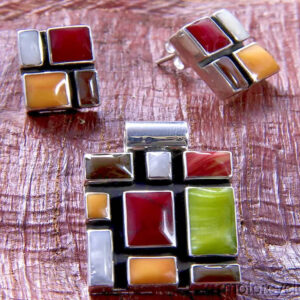 JUEGO DE ARETES PENDIENTES DE MOSAICO MULTICAPA DE PLATA ESTERLINA TAXCO MEXICANO 925